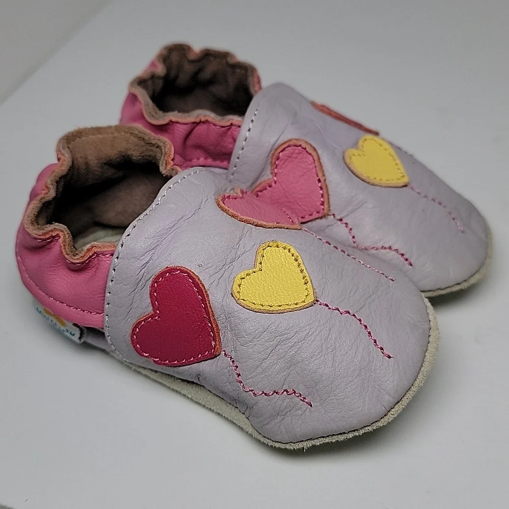 MiniStar Booties Moccasin Shoes Infant Baby Toddler Leather Hearts Purple Pink S